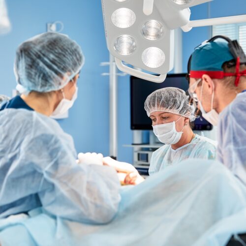 Surgeons during surgery with breast implants in their hands, installation of breast implants, surgery. Plastic surgery, breast correction, mammoplasty